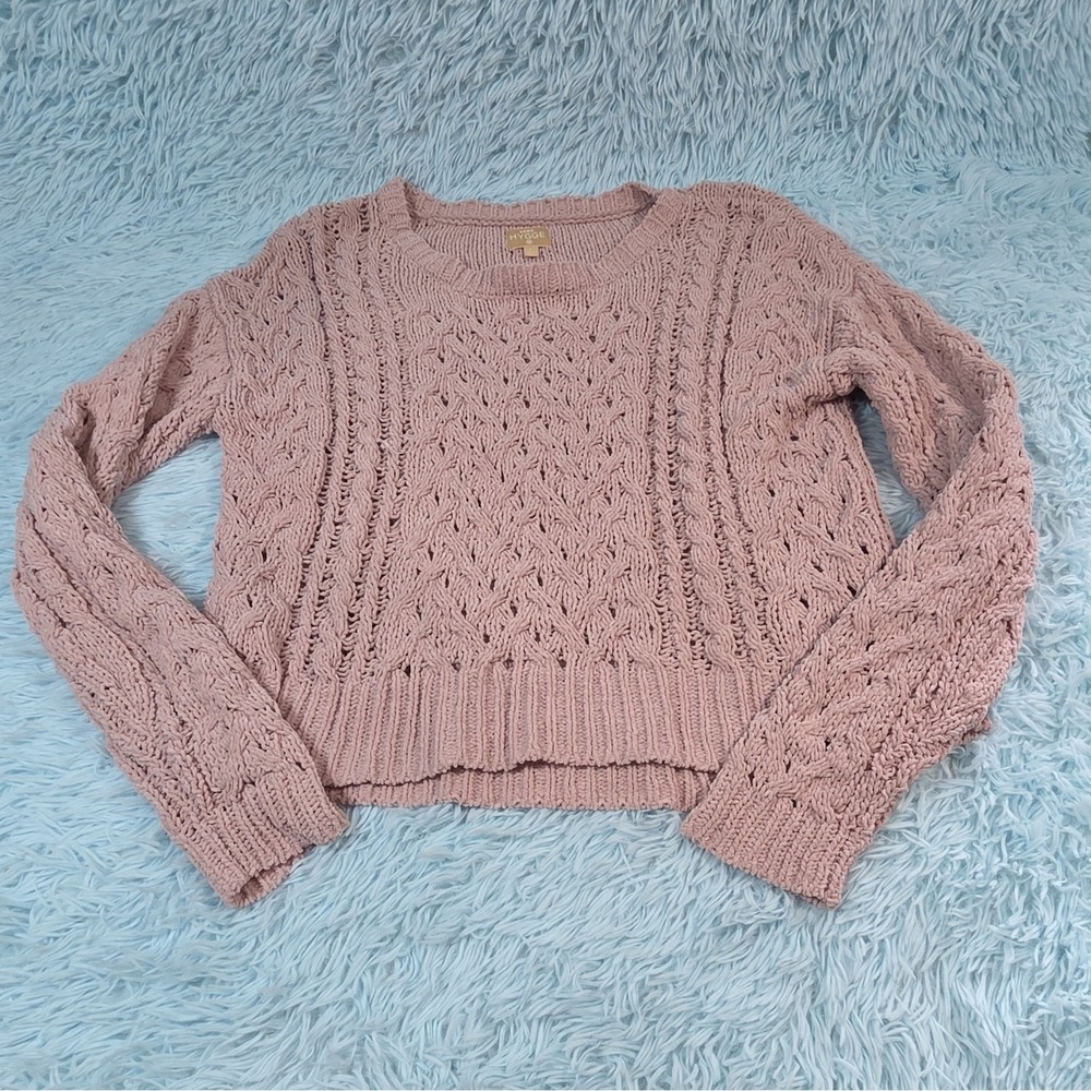Aero HYGGE Dusty Pink Cable Knit Pointelle Crop Sweater Women's Size L Cozy